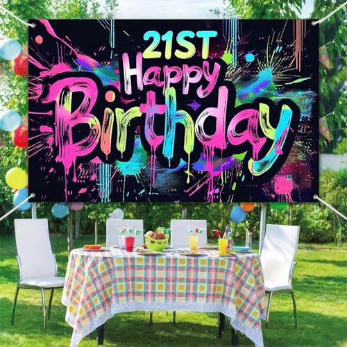 Image of HOMETITUTE Neon 21st Happy Birthday Banner 71x43 Inch Paint Splatter Glow in The Dark Party Backdrop Colorful Wall Decor for Adults Boys Girls Twenty First Birthday Celebrations Props Event Supplies