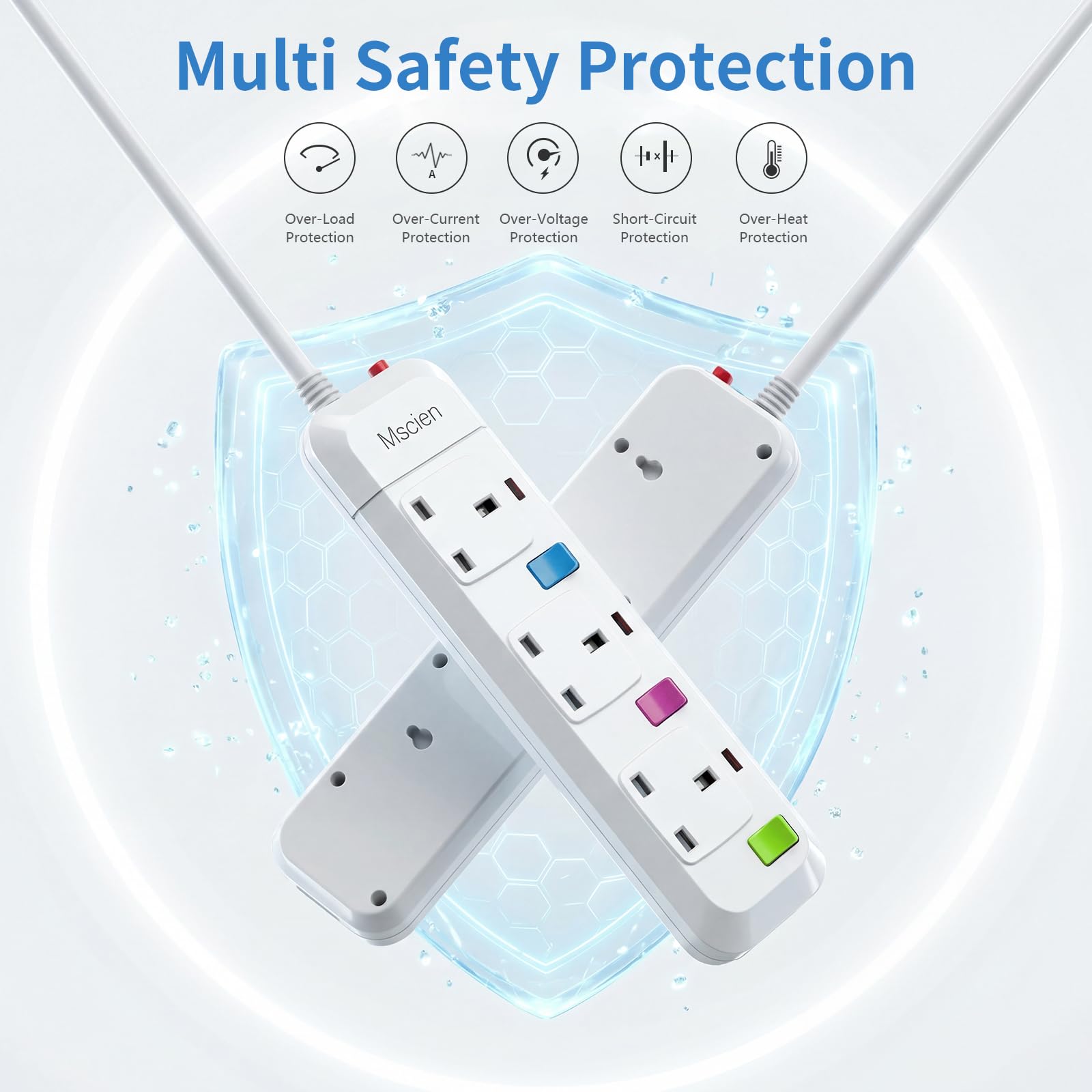 Mscien Extension Lead 1M 3 Way, Fused 3 plug Extension Socket with Individual Switches Mountable Overload Protection Power Strips with 1 Metre Extension cable 2500W — view 3