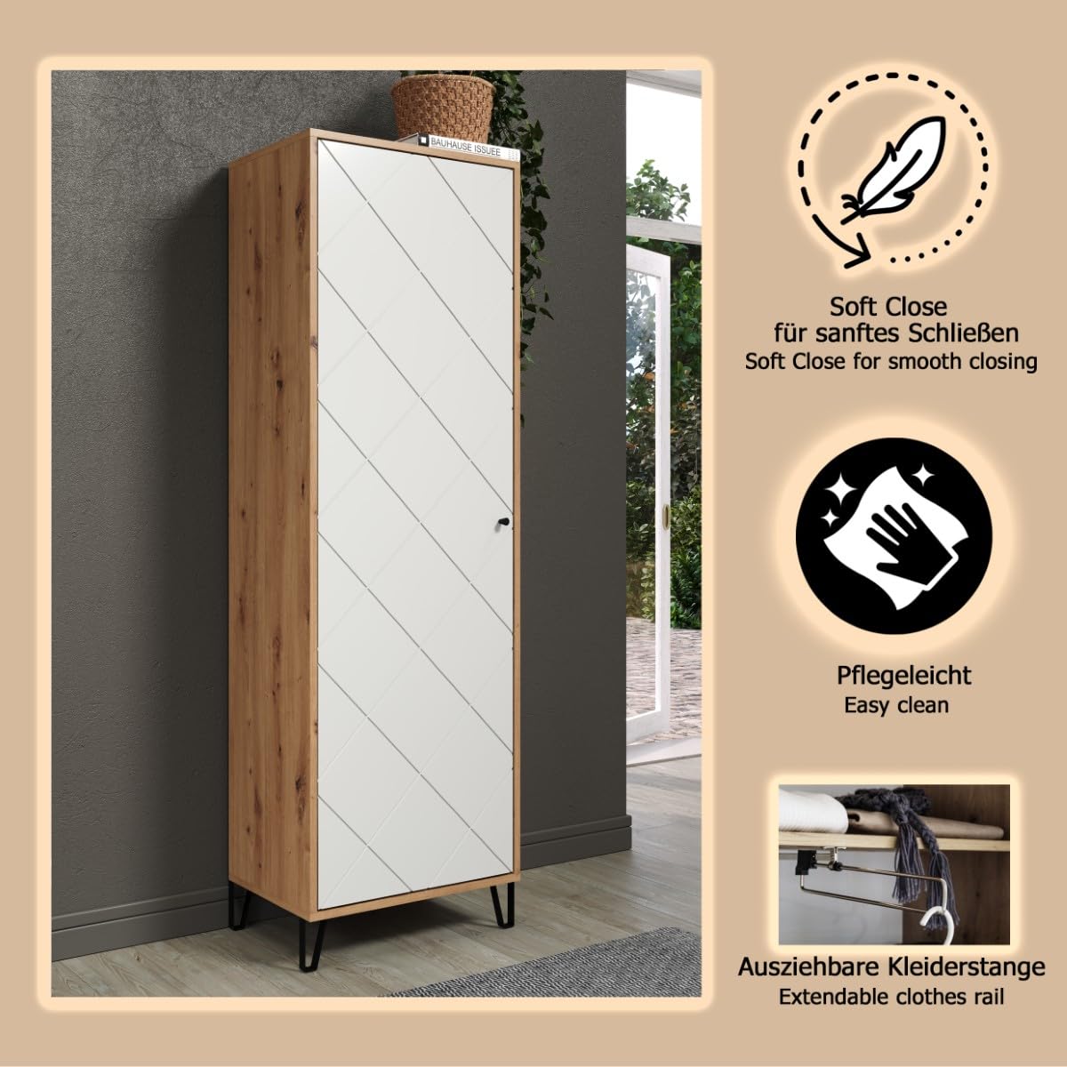 trendteam smart living - Touch - Garderobenschrank - Eiche/Weiß - Kleiderschrank mit ausziehbarer Kleiderstange - Soft-Close - Elegante Metallfüße - (BxHxT) 63 x 194 x 40 cm - Moderne Rautenfräsung