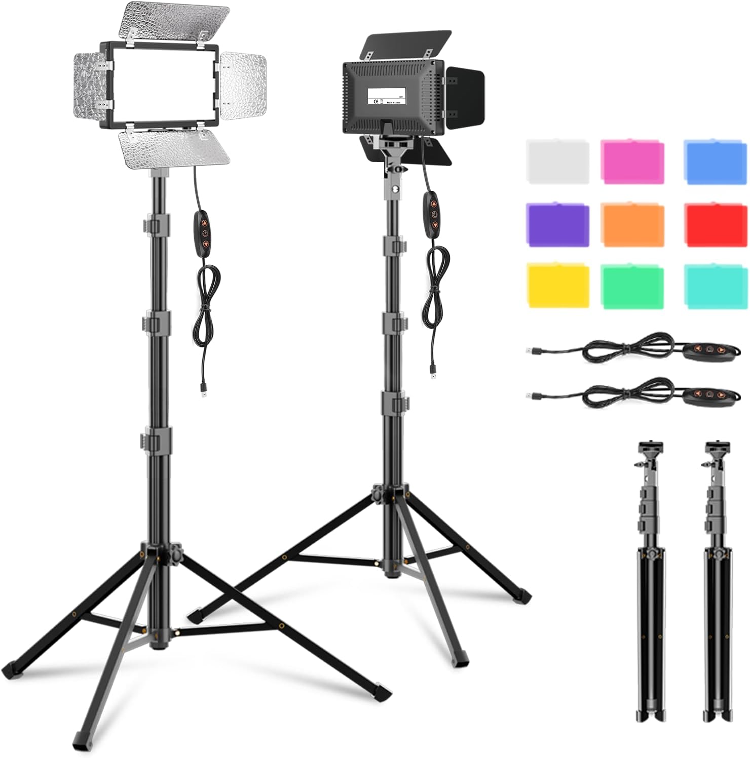 2 Pack LED Video Photography Lighting Kit with 54 Tripod Stand, Dimmable 5600K USB Studio Lights with Barndoor -9 Color Lighting for Video Recording, Photo Studios, YouTube, TikTok, Game Streaming