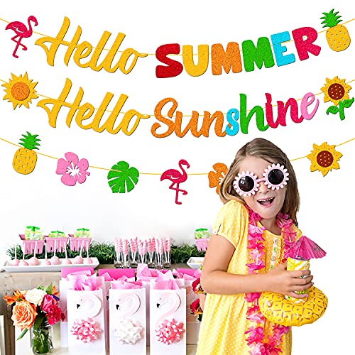 Hello Summer Hello Sunshine Banner For Summer Hawaiian Tropical Flamingo Pineapple Sunflower Beach Theme Holiday Happy Birthday Wedding Bachelorette Engagement Bridal Shower Party Supplies Glitter Decorations #TOP3
