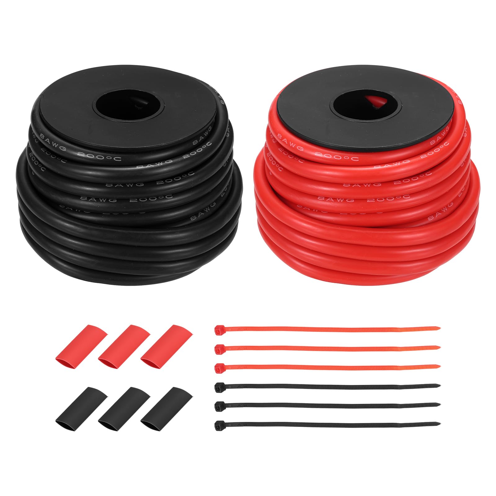 sourcing map 2pcs 8 AWG Silicone Electrical Wire Spool, 8 Gauge 7.6m/25ft Tinned Copper Electrical Wires with Heat Shrink Tubing & Cable Ties for Automotive, RV Inverter - Red & Black