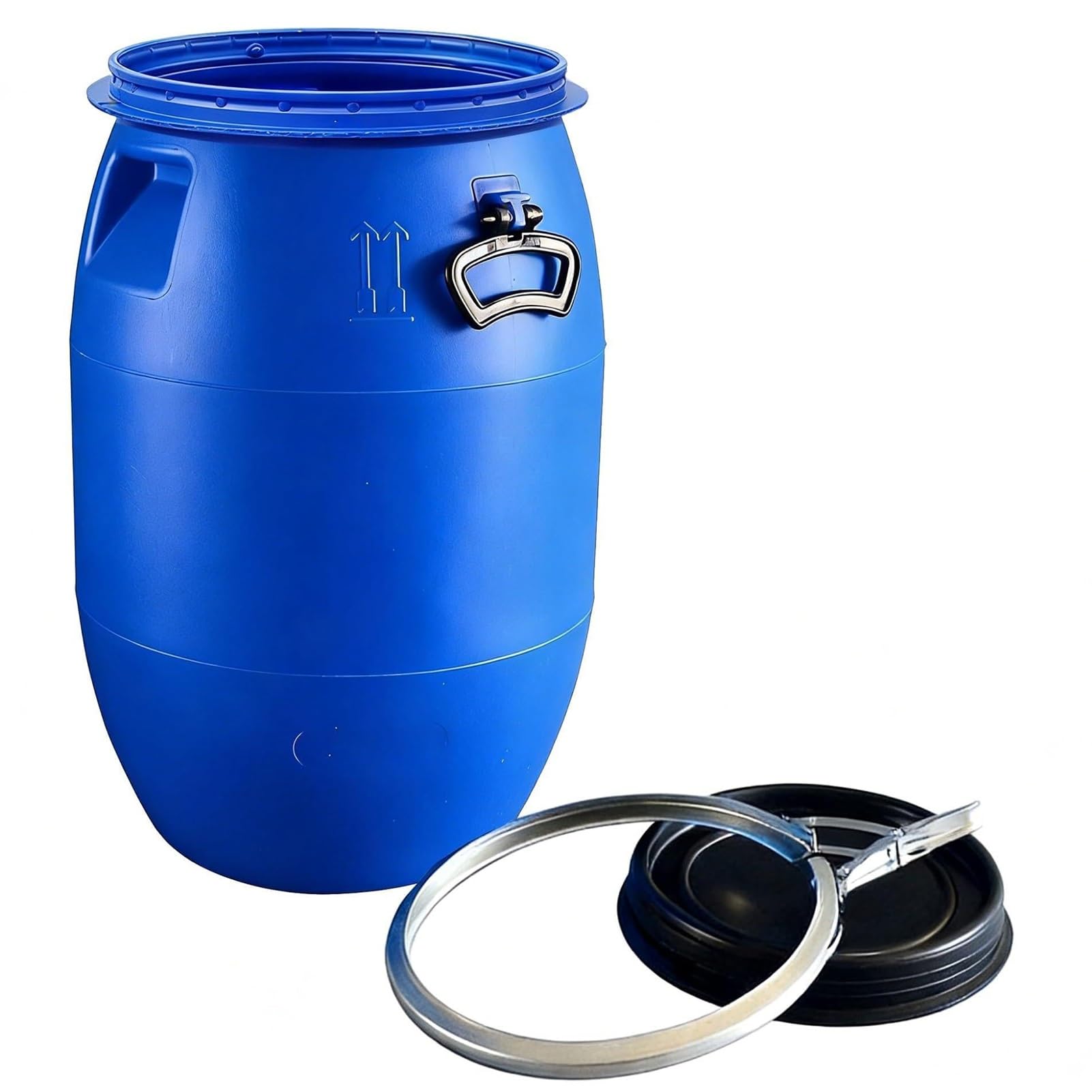 Tonneau plastique bleu avec couvercle, baril ouvert sur le dessus for l'expédition et le stockage industriel, reservoir eau conception hermétique, recuperateur d eau de pluie(60L)