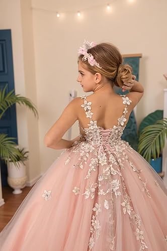 Lace Appliques Flower Girl Dresses for Wedding Puffy Tulle Floral Long Fancy Princess Pageant Birthday Party Dress(Light Blue,10)