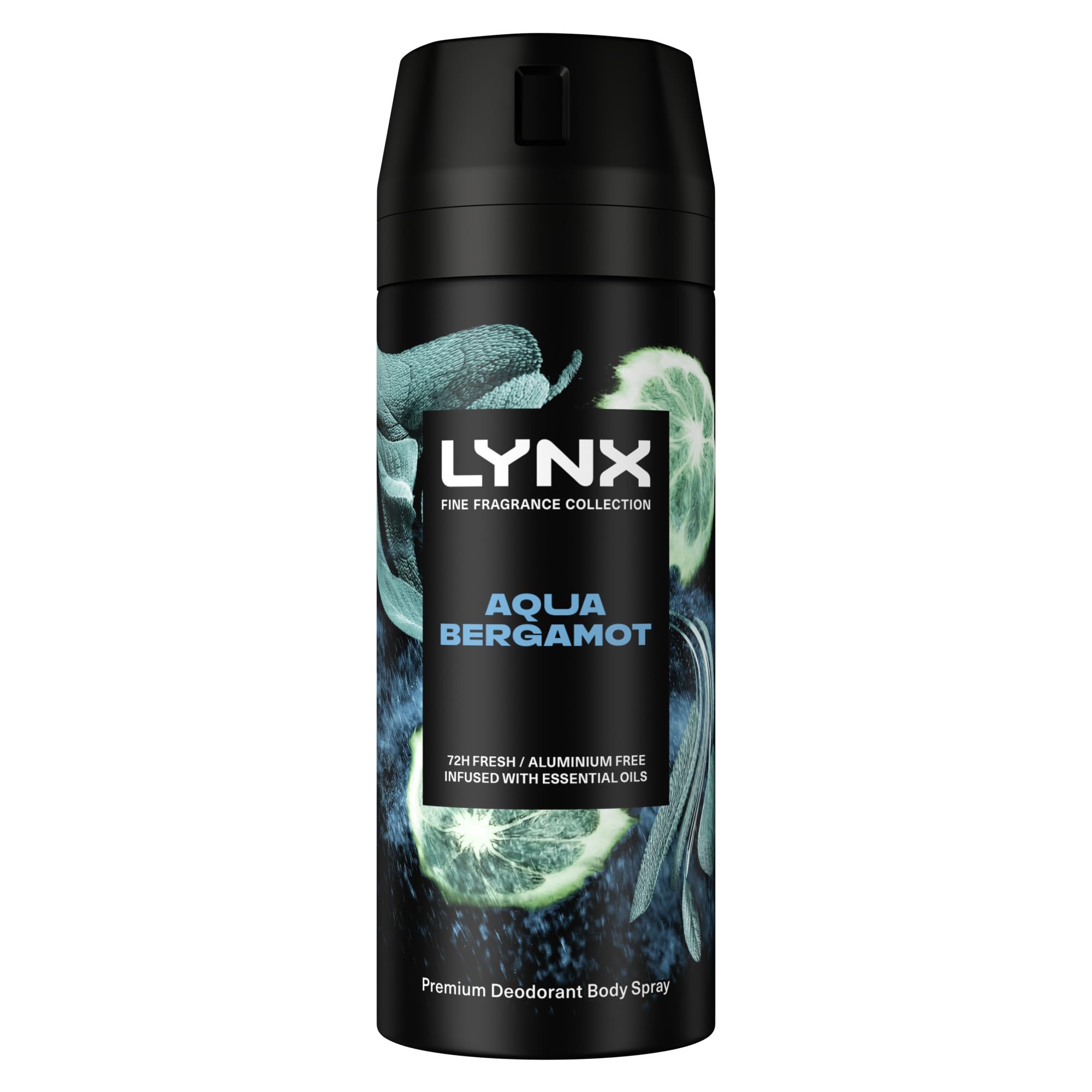 Lynx Fine Fragrance Collection Aqua Bergamot Premium Body Spray men's deodorant infused with a bergamot, sage, & juniper scent and essential oils for 72 hours of freshness 150 ml