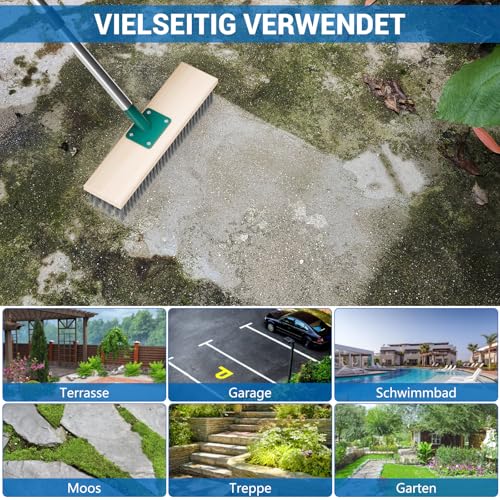 Drahtbesen zur Moosentfernung mit Stiel, Stahlbesen mit Teleskopstiel 145cm, 30cm Straßenbesen zum Entfernen von Moss, Unkraut und Pflastersteine, Robust Stahldrahtbesen für Garten, Deck, Terrasse