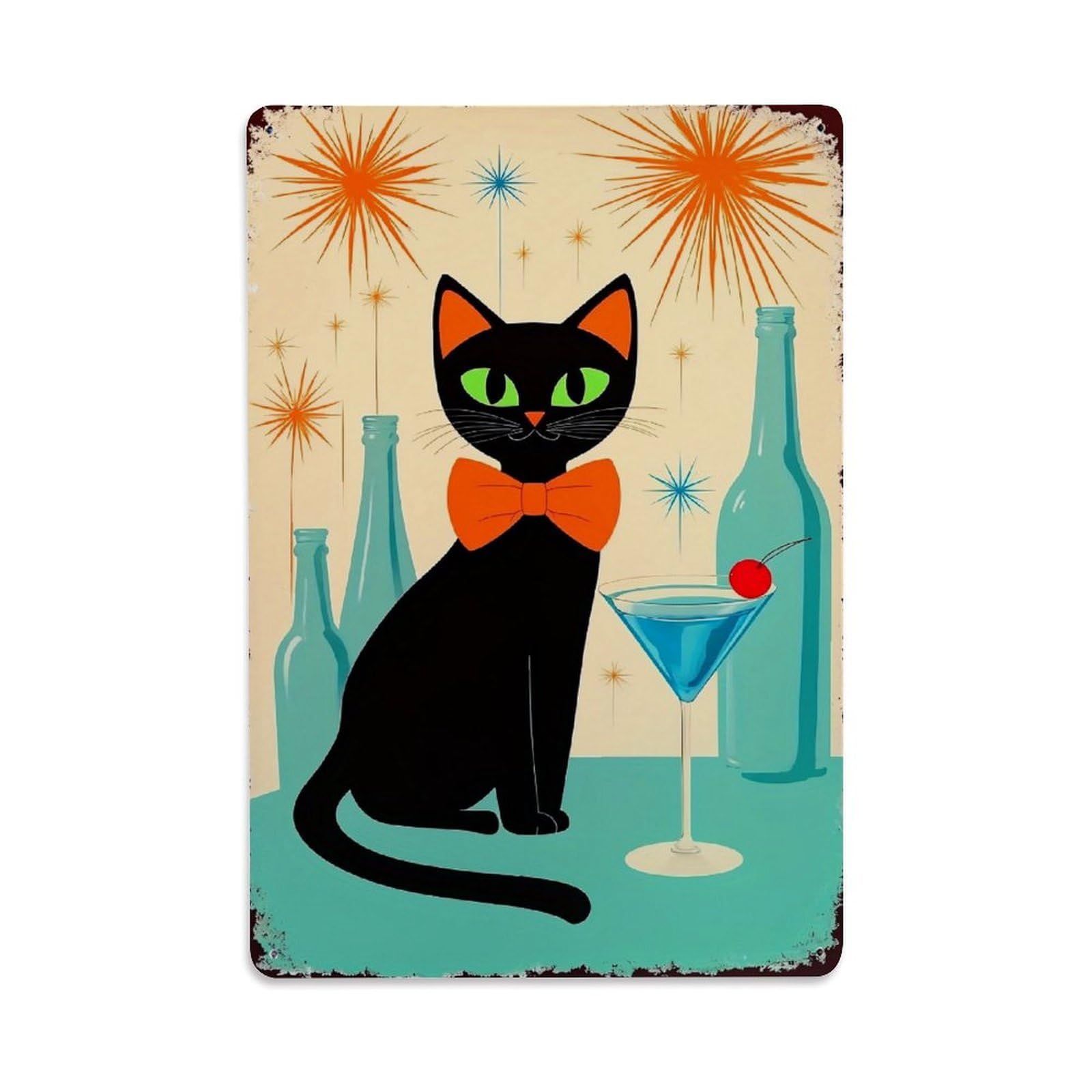 Jdyaojiesheng Vintage Black Cat With Cocktail And Stars Tin Sign Retro Metal Wall Decor Metal Poster, Home Bar Garage Farmhouse Cafe Wall Art Decoration 8X12inches