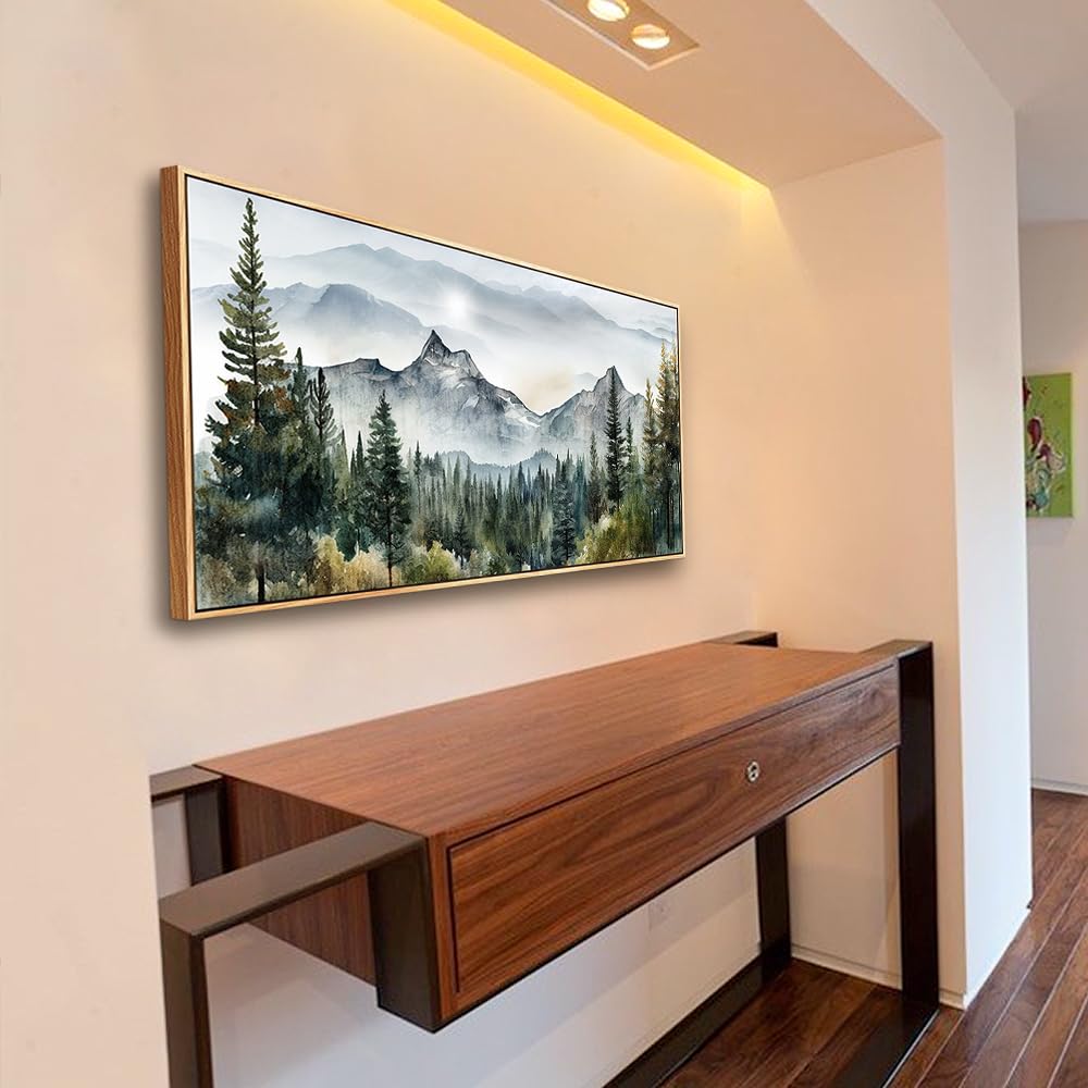Arte de pared grande para sala de estar, lienzo con marco de madera, decoración de pared para dormitorio, oficina, decoración de pared, pintura abstracta de paisajes de montaña, obras de 4