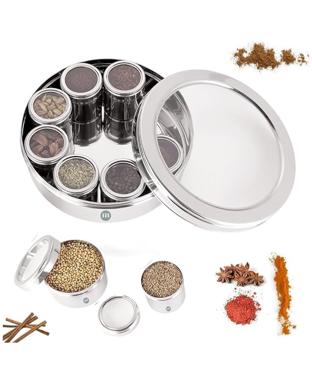 MARU 9 in 1 Spice Box Stainless Steel stylish Extra Large | Masala Box for Kitchen Steel | Masala Dabba Steel | Masala Dani for Kitchen | See through lid 9 containers, 3 Spoons(22.5cms) Silver