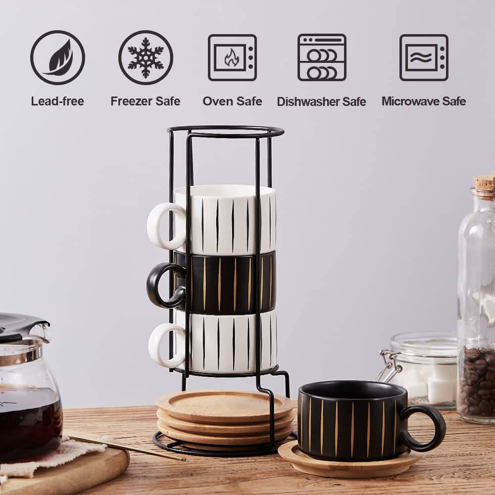 LUKA Juego de tazas de café con platillos con soporte para tazas, juego de tazas de café con plato, juego de 4 tazas de té de cerámica, juego de regalo con asa para café, té, leche, cacao, ceré