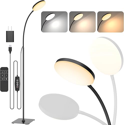 Miniatura 8 de Lámpara de pie, 3 colores y 10 brillo Pequeña lámpara de lectura LED delgada de pie, luz de cuello de cisne flexible regulable ajustable para