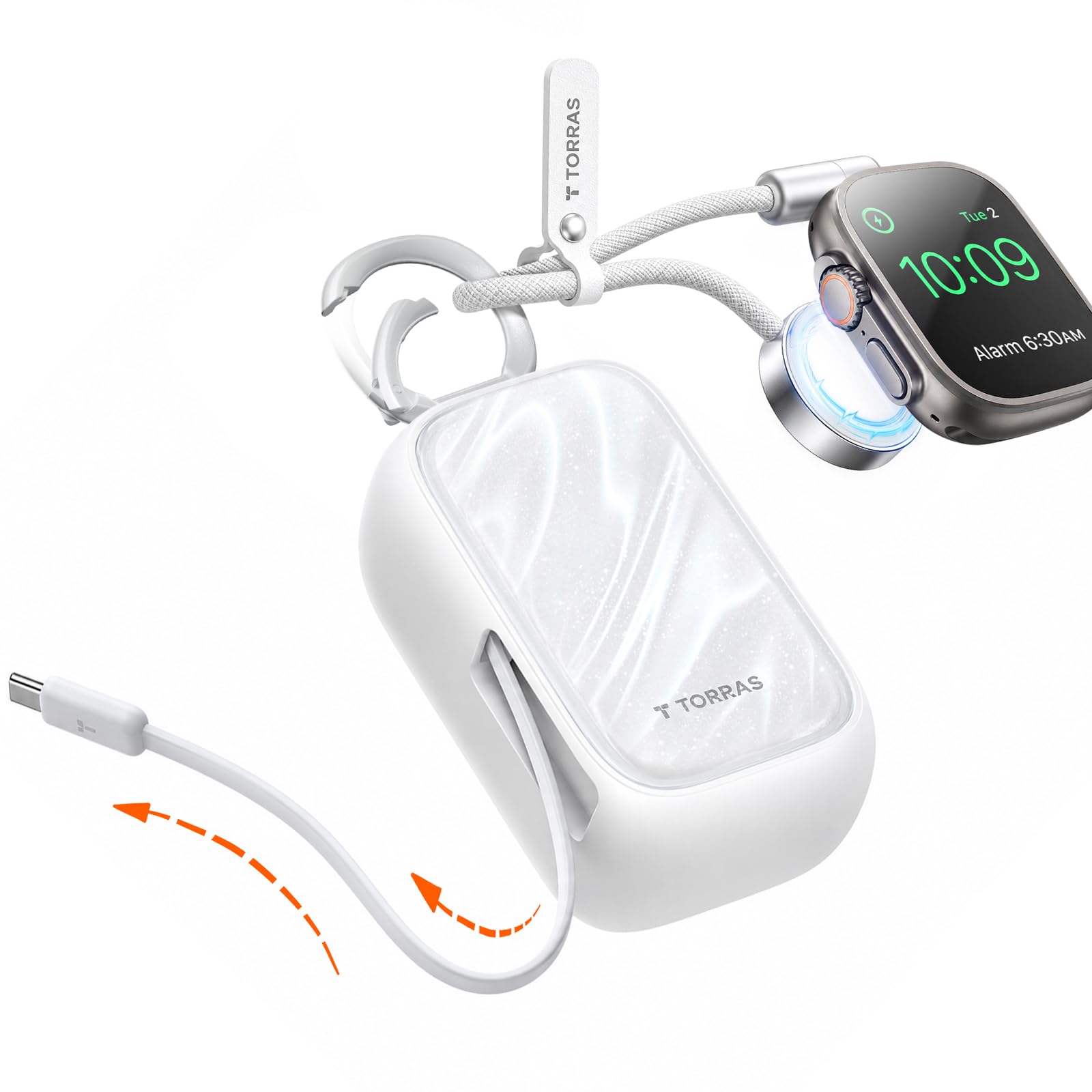 TORRAS PearlGo Powerbank 10000mAh, Kleine Powerbank mit Kabel, Perlweiß | 45W Schnellladen, 70 cm USB-C Einziehkabel mit Karabiner, für iPhone und Apple Watch, ideal für Reisen, Pendeln und Shopping