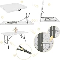 Vista 5 de HAISIWLKJ Mesa plegable de 8 pies, mesa de camping portátil de plástico resistente, rectangular, mesa de comedor al aire libre, patas de acero Blanco