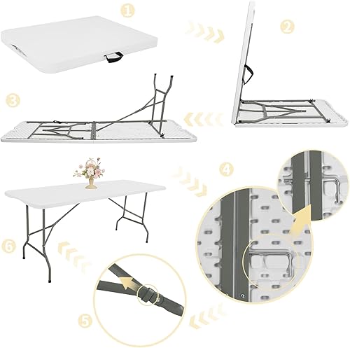 Miniatura 5 de HAISIWLKJ Mesa plegable de 8 pies, mesa de camping portátil de plástico resistente, rectangular, mesa de comedor al aire libre, patas de acero