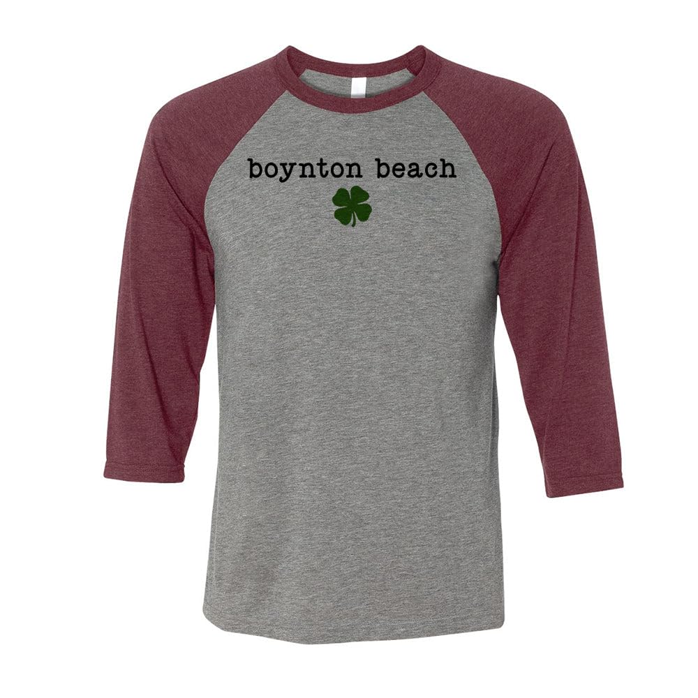TeesAndTankYou Boynton Beach Shamrock Three-Quarter Raglan Sleeve Baseball Shirt Unisex 2X-Large Grey/Maroon