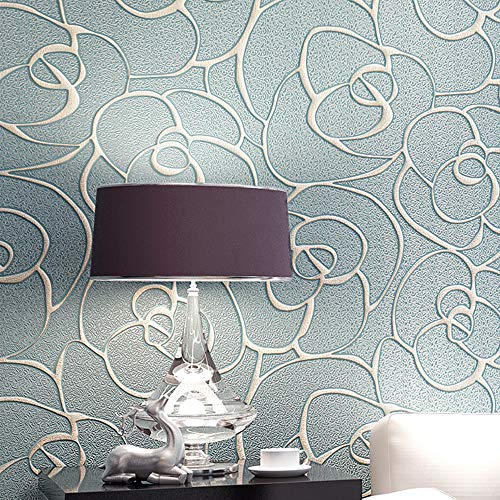Q QIHANG Modern Minimalist Embossed 3D Rose Flower Non-Woven Wallpaper Light Blue Color Non-self Adhesive Wallpaper 0.53m x 10m=5.3㎡