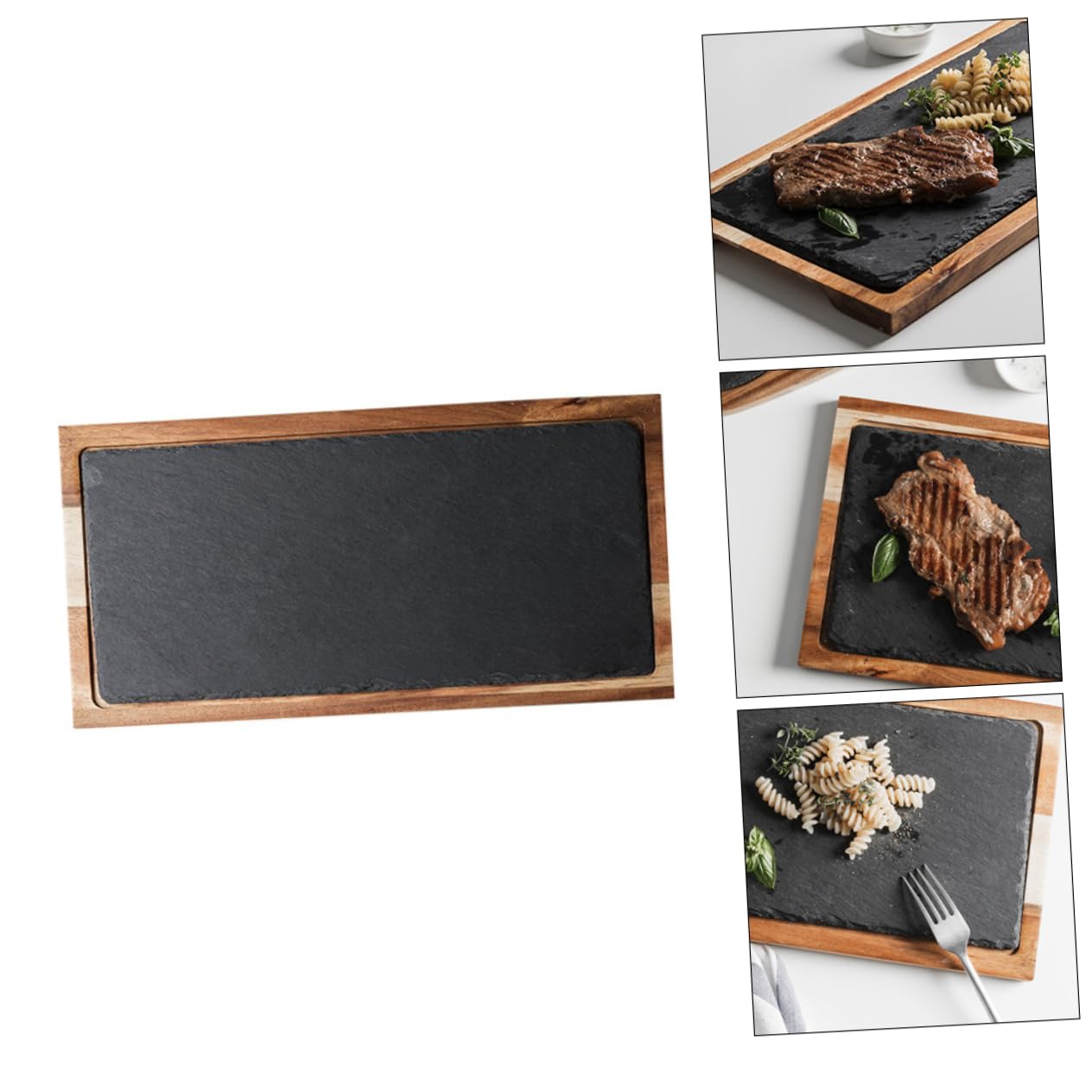 Mikinona Plateau Robuste Cuisine Japonaise en Bois Massif Noir Ardoise Naturelle Plateau Repas et Rangement Pratique pour Apéritifs et Snacks