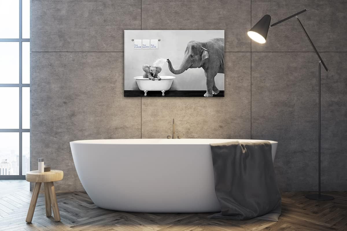 Piy Painting Elephant Bathroom Decor Wall Art, Funny Canvas Prints of Mother and Child Playing Water in Bath Crock, Warm Bathtub Picture with KEEP CLEAN, KEEP HAPPY, KEEP LOVE Words Motivating Kids.