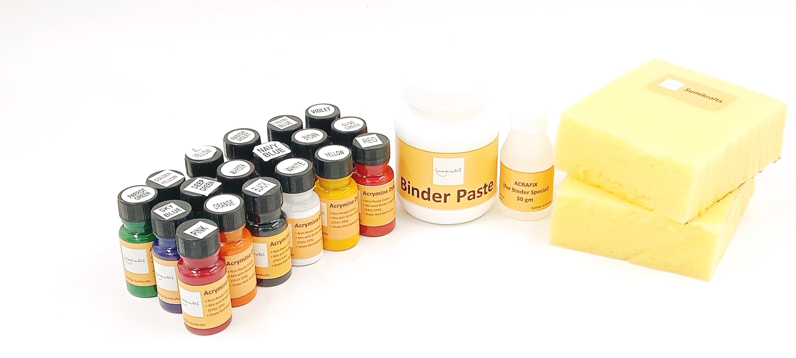 sumikrafts Block Printing kit-18 Assorted acrymine Dyes (Pigment Colors)-20ml Bottles+ Binder Paste 200gm+acrafixer 50gm+ Sponge-picture-19