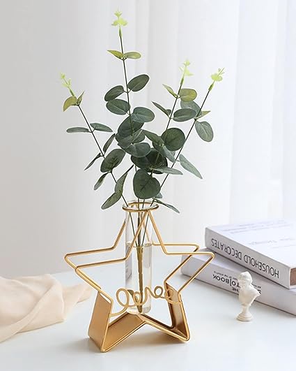 TIED RIBBONS Decorative Metal Frame Stand Glass Test Tube Flower Vase for Home Decor Flowers Plants Office Living Room Bedroom Table Kitchen Gift Decoration Items (Gold, 20.3 cm x 15.2 cm)