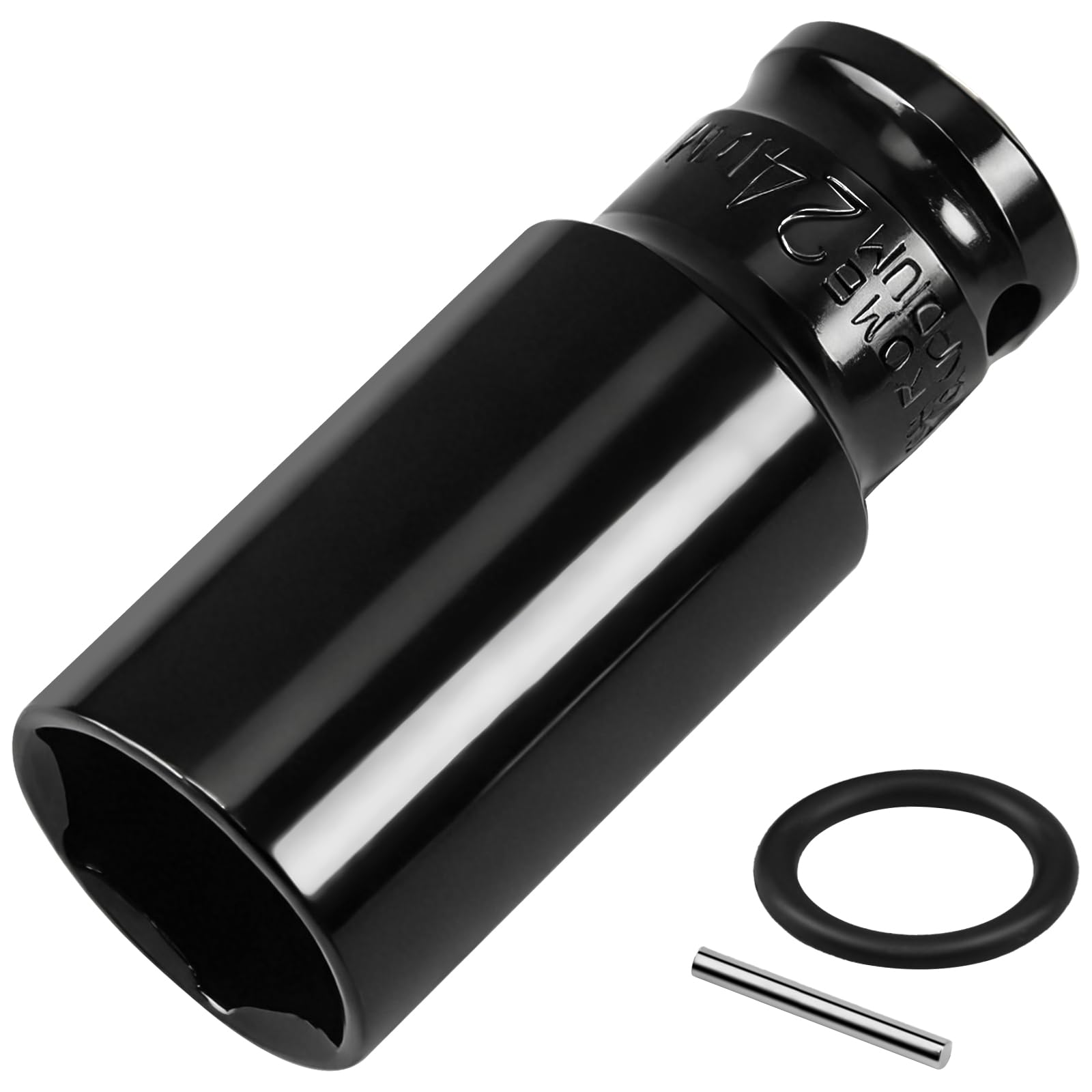 Lunhoo 24mm Deep Impact Socket, 1/2” Square Drive, 6 Point Hex Impact Socket for Long Bolts, Lug Nuts and Scaffolding Tools, Chrome Vanadium Steel with Retaining Pin & O-Ring