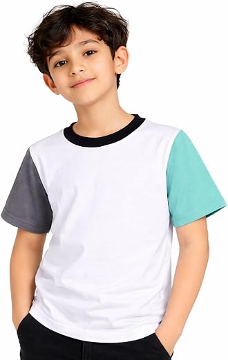 CHILINS Boys Cotton Raglan Sleeve T-Shirt – White with Charcoal Grey &amp; Mint Green Half Sleeves | Soft Casual Tee for Kids