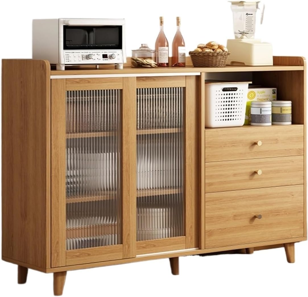 Sideboard Cabinet Double-Door Wooden and Glass Sideboard for Living Room and Kitchen Storage with Drawers 120cm Console Coffee Table