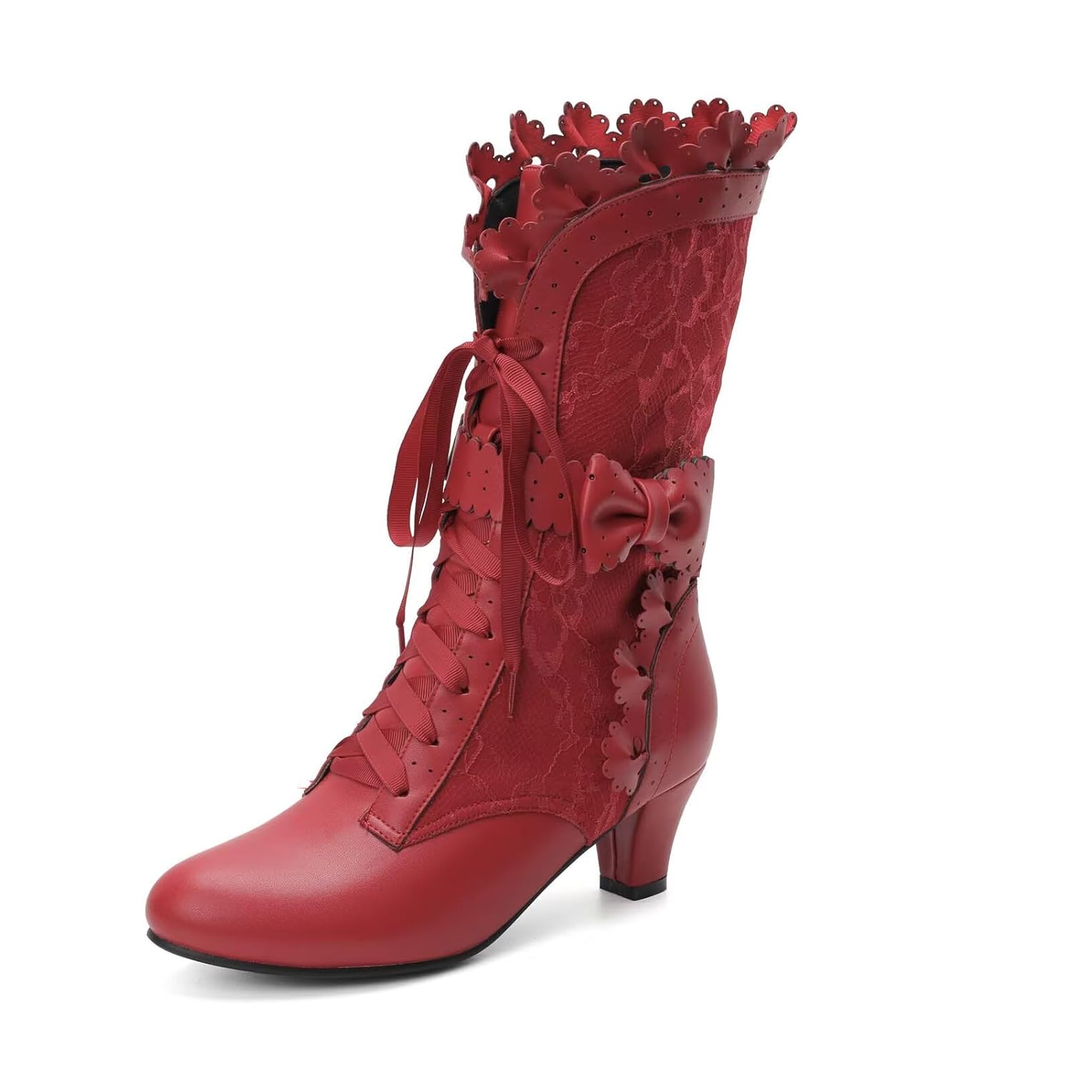 Joojaky Women Sweet Bow Boots Mid Heels Lace Up Victorian boots Mid Calf Kawaii Boot