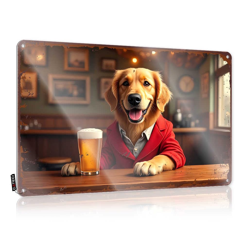 Fzfn Colour Rustic Retro Wall Art, Retro Kitchen Decor Ideas Golden Retriever Enjoying A Pint In Cozy Pub | Farmhouse Walls Decor(30X40cm)