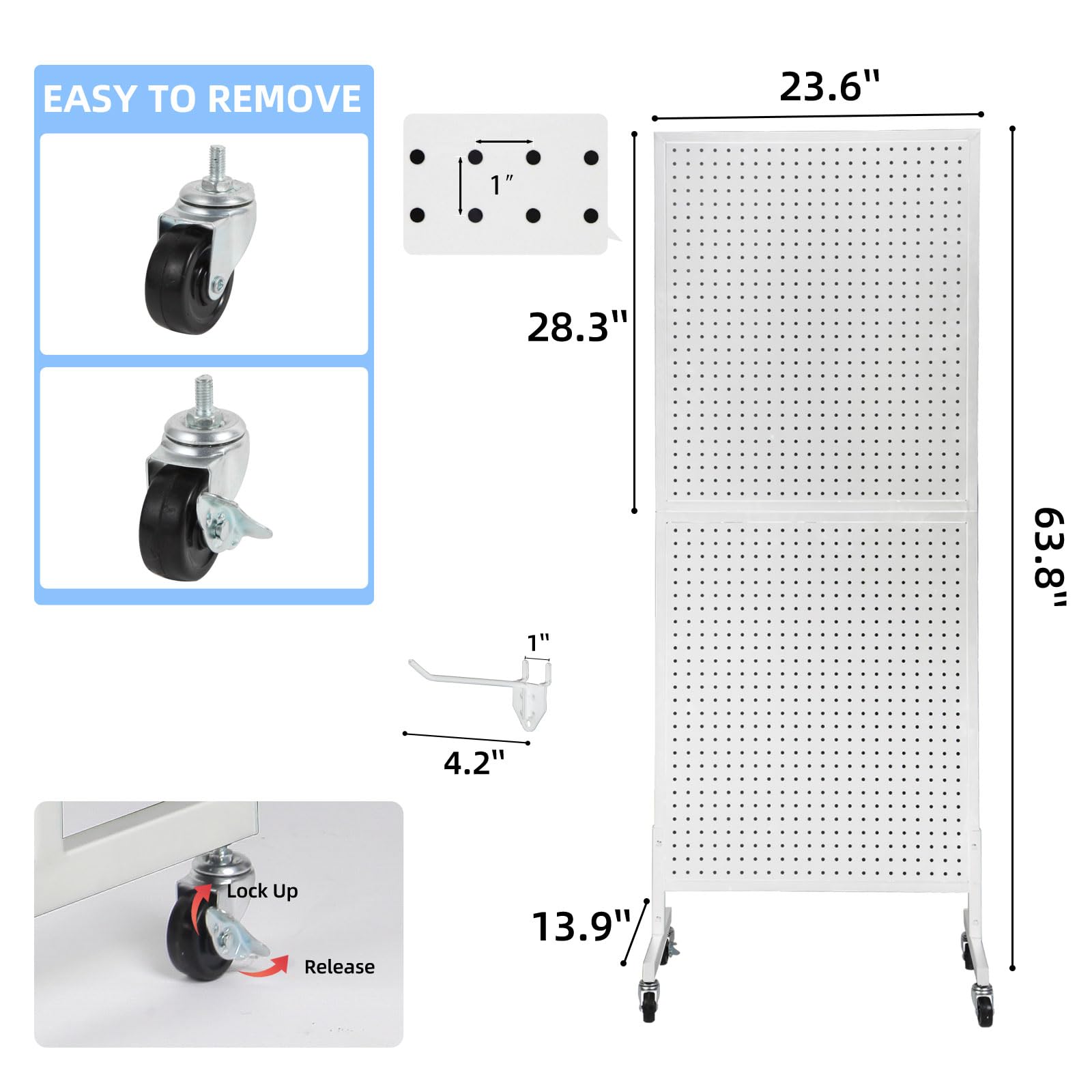 NectaCol 2'x 5' Standing Pegboard Display with T-Base, Pegboard Display Stand with Wheels, Metal Peg Board Display Rack, Art Display Stand, Extra 10 Pieces Hooks - White