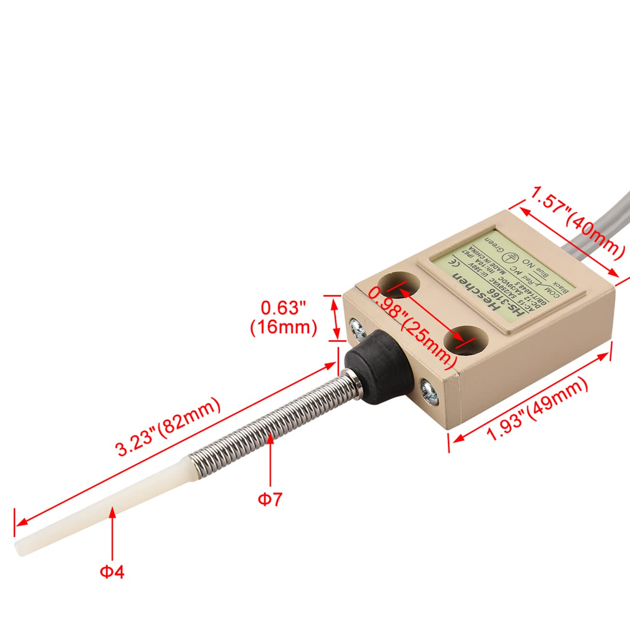 Heschen Compact Prewired Limit Switch, HS-3166, Sealed Coil Spring Plastic Rod, 1NO 1NC, SPDT, Momentary Type, AC250V 5A, IP67 Waterproof