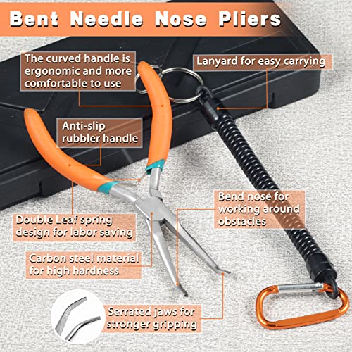 LEONTOOL Small Bent Needle Nose Pliers for Jewelry Making Angled Needle Nose Pliers with Serrated Jaw Needle Remover Pliers with Lanyard Curved Handle Working in Tight Spaces - Image 2