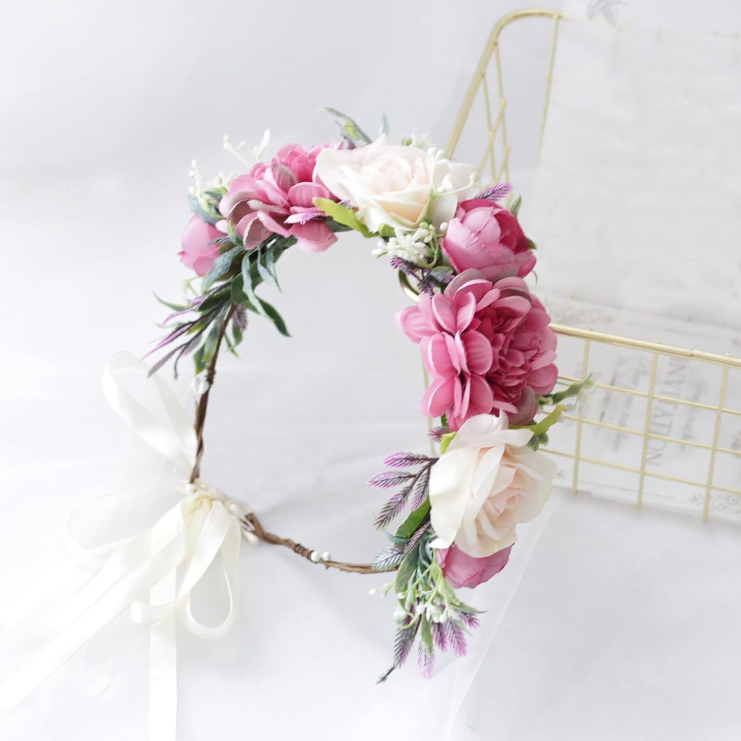Vivivalue Wedding Floral Crown Flower Garland Headband Hair Wreath Floral Headpiece Halo Boho with Ribbon Party Prom Festival Photos - Image 5