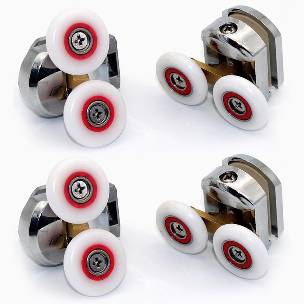 Juego de 4 rodillos dobles para puerta de ducha de 25 mm con tornillos y bloque anticolisión para puerta de vidrio de 4 mm a 8 mm