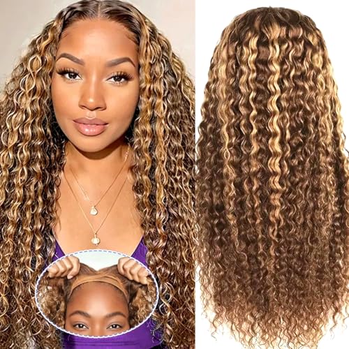 Ombre Highlight Wear and Go Glueless Wigs Human Hair Pre Plucked Pre Cut Deep Wave Lace Front Wigs Human Hair Wigs 4x4 Lace Closure Wigs Human Hair 180% Density Curly Wigs Human Hair Wigs 18 Inch