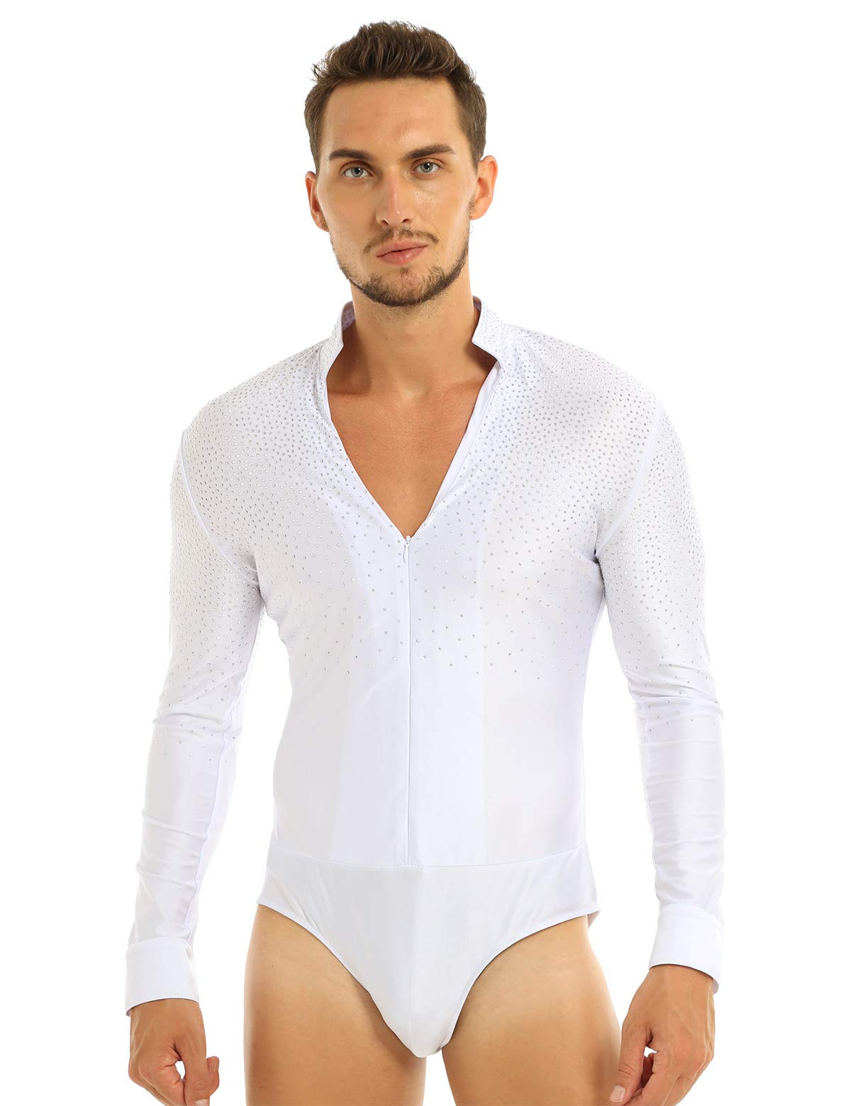 renvena Men's Stand Collar Long Sleeve One-Piece Leotard Bodysuit Romper Latin Tango Dancewear