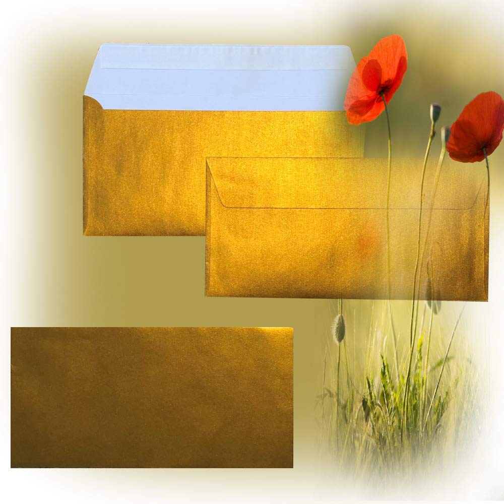 Enveloppes longues DIN 110 x 220 mm, 120 g, rabat droit avec patte autocollante, idéales pour anniversaire, mariage, invitations, cartes de vœux, Noël 100 x 88 doré