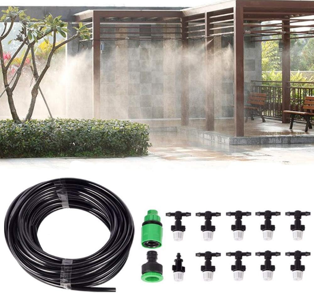 10m Home Garden Patio Misting Micro Flow Drip Irrigation Misting Cooling System with 10pcs Plastic Mist Nozzle Sprinkler for Plant Flower