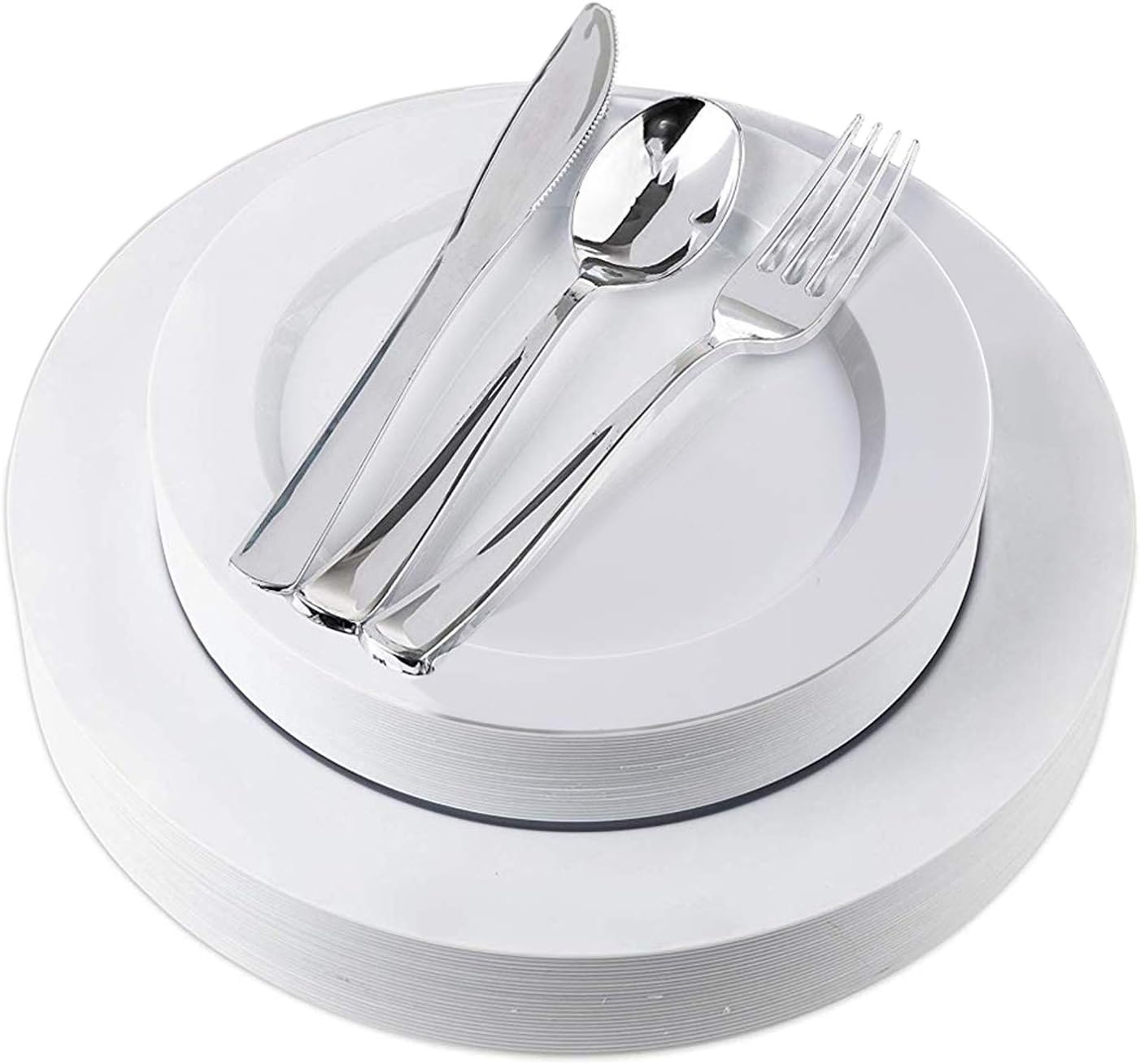 Disposable Plates with Cutlery - 125 Piece White Plastic Party Plates and Silverware for Weddings, Party, Baby Shower, Birthday, Holiday - Service for 25 Guests Disposable Dinnerware (White)