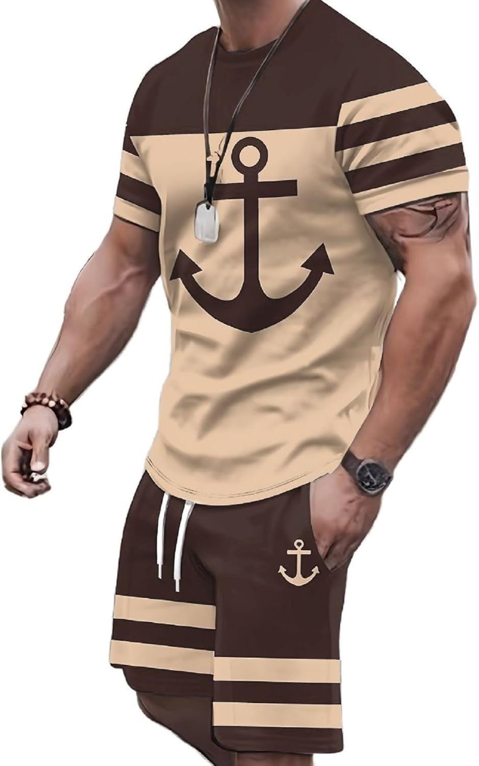 WDIRARA Men's 2 Piece Outfits Anchor Print Striped Tracksuits Short Sleeve T Shirt and Drawstring Shorts Sets