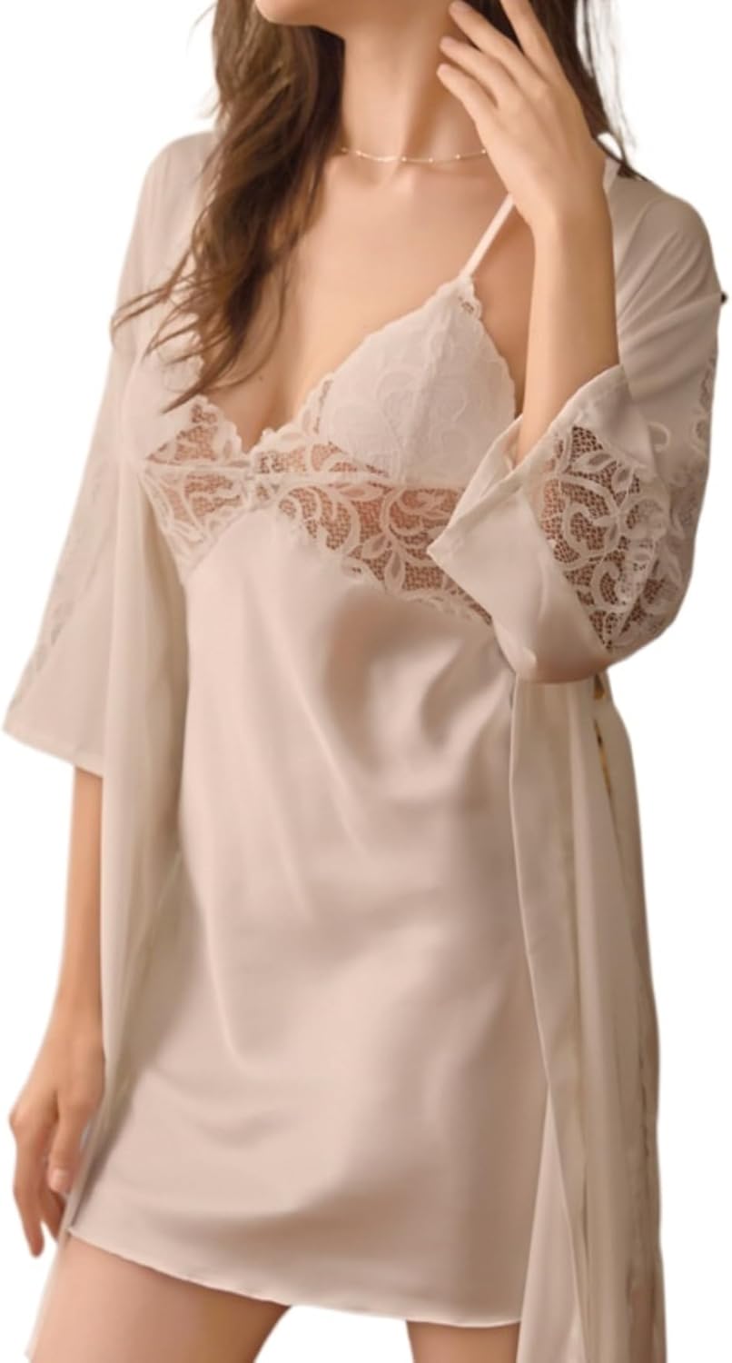 ALCEA ROSEA Women's Silky Lingerie Set Sexy Lace Babydoll Chemise Nightgown Kimono Bridesmaid Satin Robe Set 3968