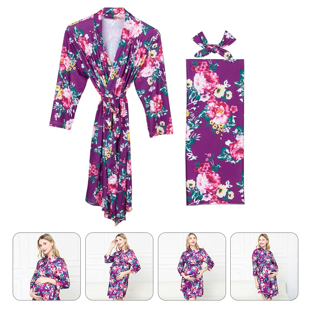 Abaodam 3 Pz Camicia da Notte Premaman Mom And Baby Matching Outfits Hospital Camicia da Notte Kimono da Donna Fajas Post Parto da Donna Mancare Viola Cardigan Sciolto Cotone
