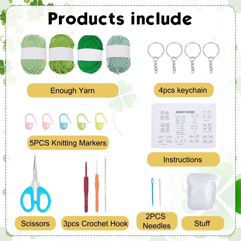 WEBEEDY 4 Sets St.Patrick's Crochet Kit for Beginners Adults,DIY Leaf Crochet Keychain Starter Kit with Step-by-Step Instruction,Learn to Crochet Kits for Knitting Supplies DIY Gift(Four-Leaf Clover)