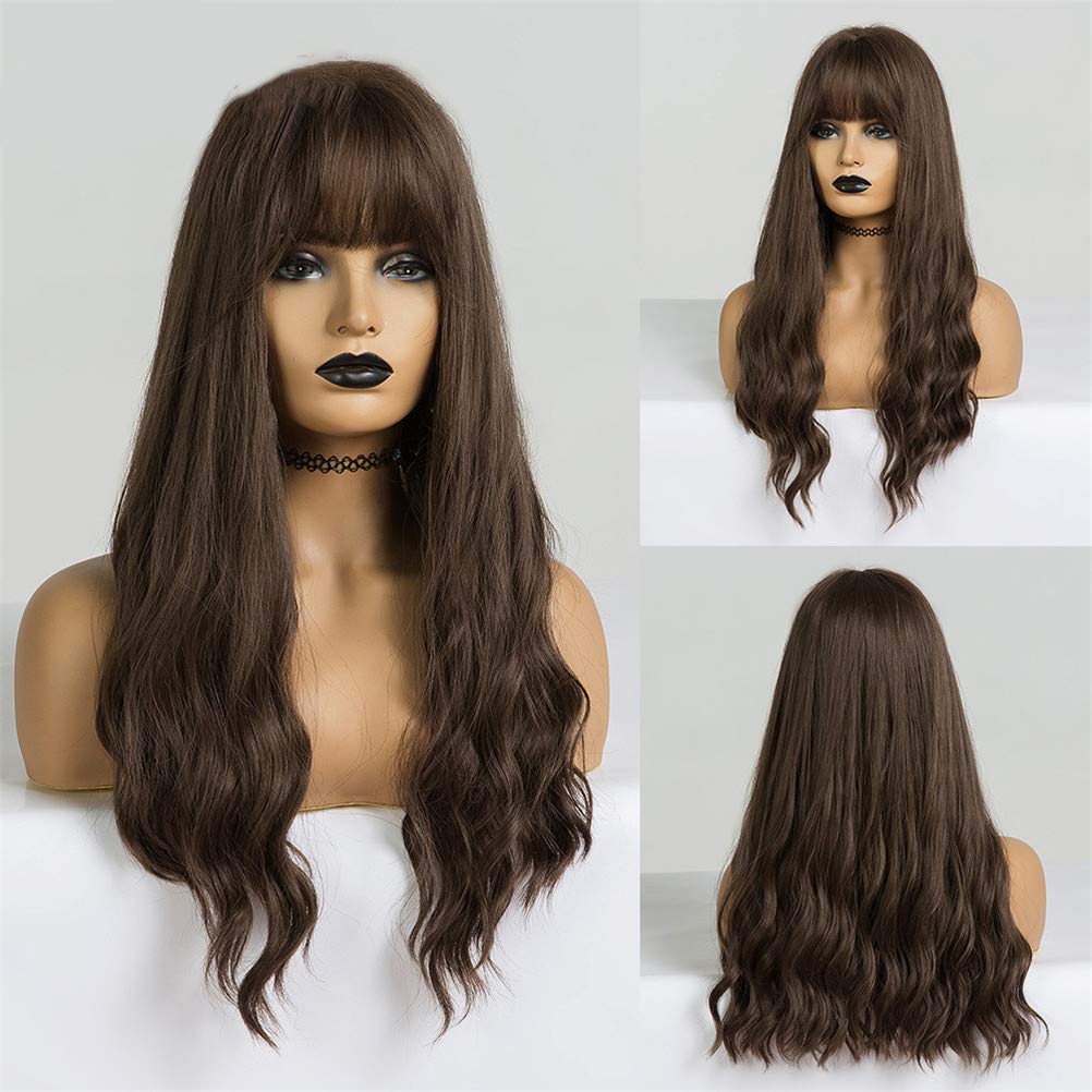 Perruque lace front synthétique frange femme longue ondulée cheveux résistants chaleur