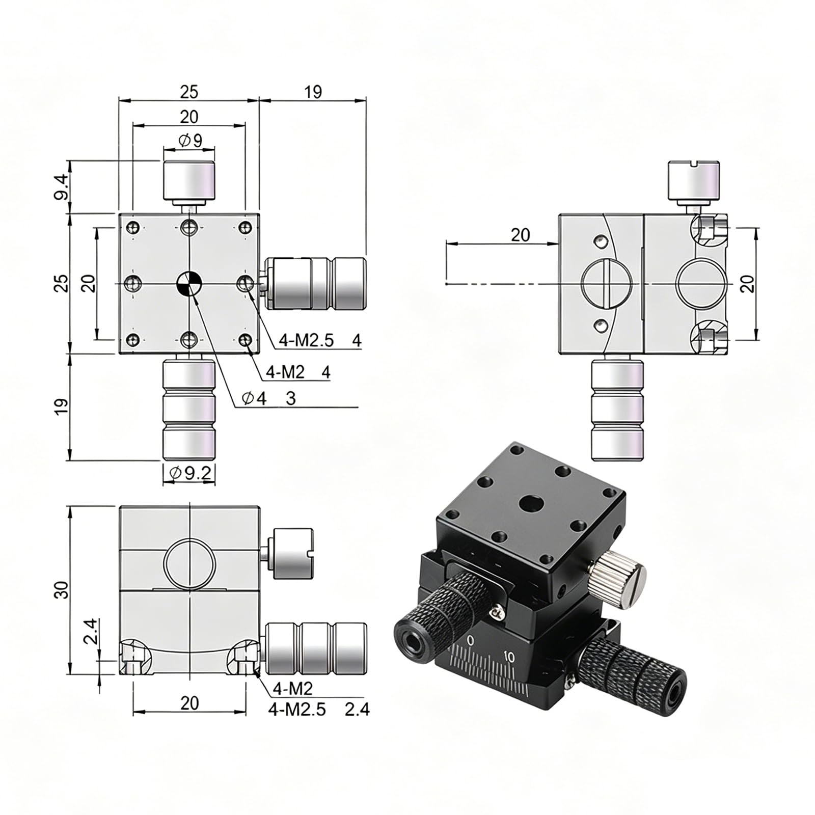 Mesa deslizante micrométrica para calibración manual precisa del ángulo, plataforma de desplazamiento de 25 x 25 mm para medición de microscopio