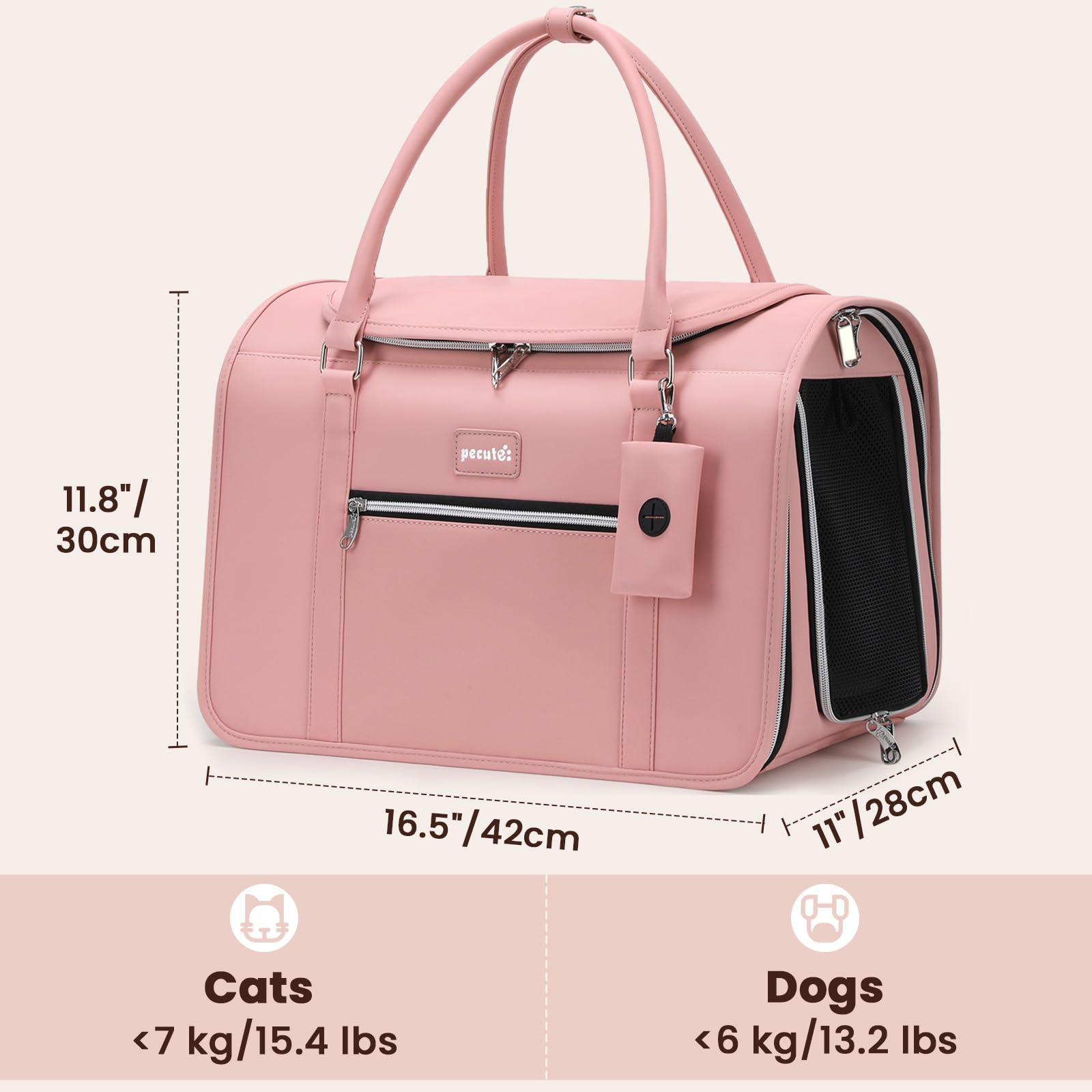 Pecute Transportin Gato, Bolso de Transporte de Gatos de Moda < 6 kg, Tela PU y Hardware con Cuerda de Seguridad Incorporada, Plegable y Portátil para Viajar