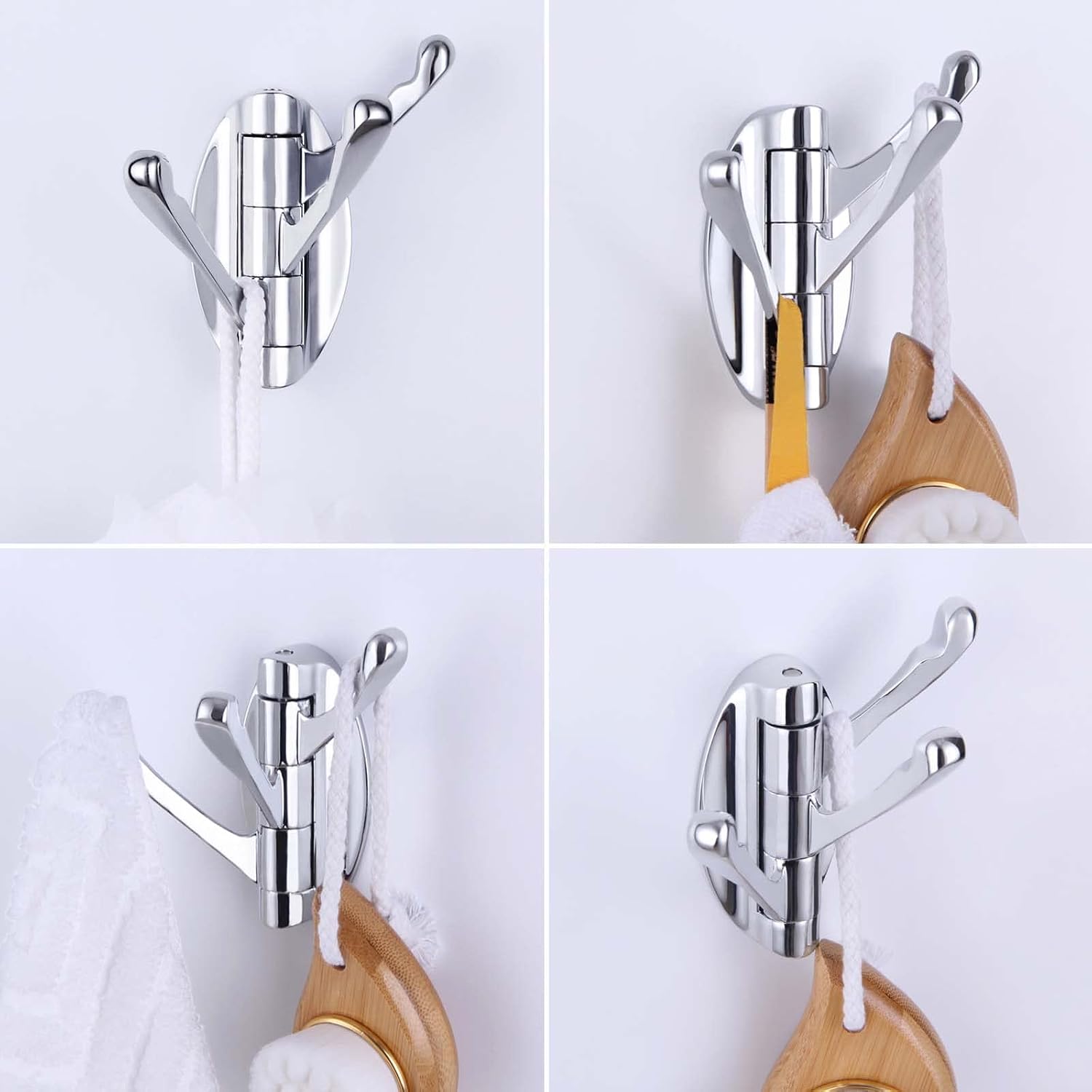 Angle Simple Folding Coat Towel Hook, Metal Robe Hook, Bathroom Triple Hook, Robe Towel Holder with 3 Swivel Hook, Heavy Duty Robe Hook for Rv, Clothes Bath Towel Holder Wall Mount, Chrome