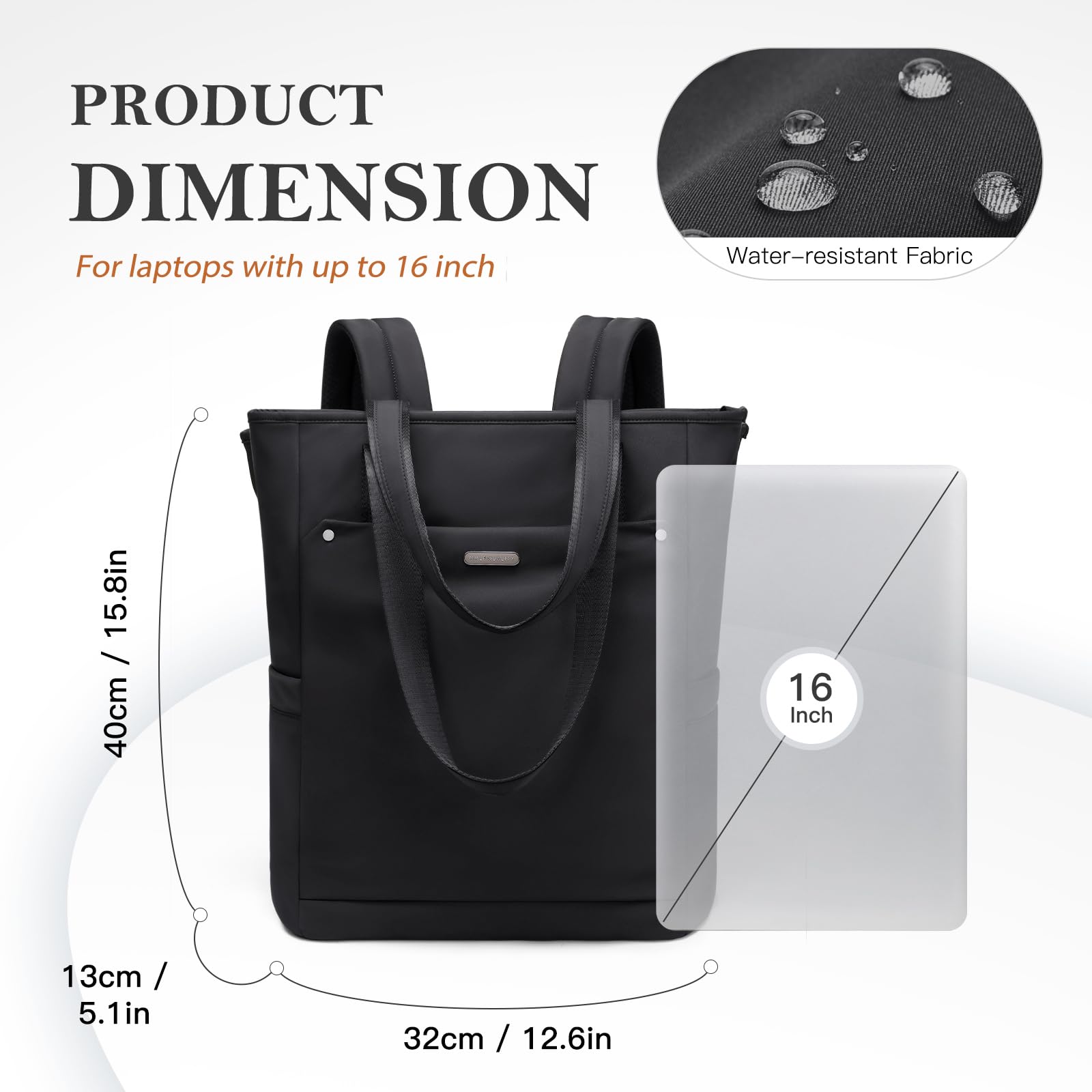 Rucksack Damen 16 Zoll, Laptop Schulrucksack Wasserdicht, Schultasche Women Elegant Tagesrucksäcke Handtasche 2 in 1 Arbeitstasche Lehrertasche Reiserucksack für Uni Büro,Schwarz