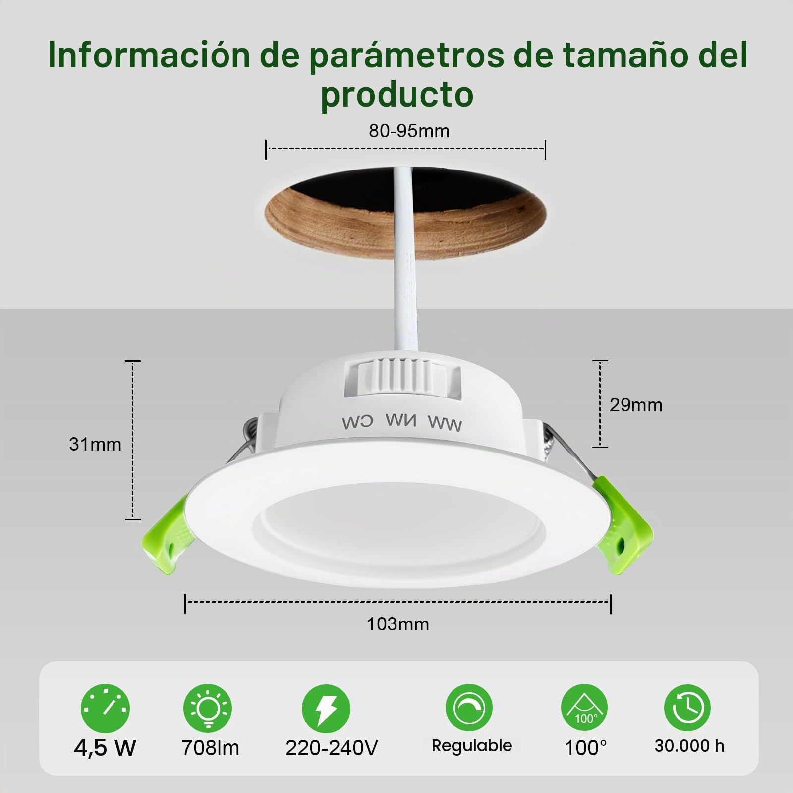 GY 12 Pack Clase B Focos LED Interior Techo Regulable, 4.5W 708LM Downlight LED Techo Empotrable, 3000K Luz Calida 4000K Luz Neutra 6500K Luz Frío, Corte 80mm-95mm, IP44 Ojos de Buey para Baño