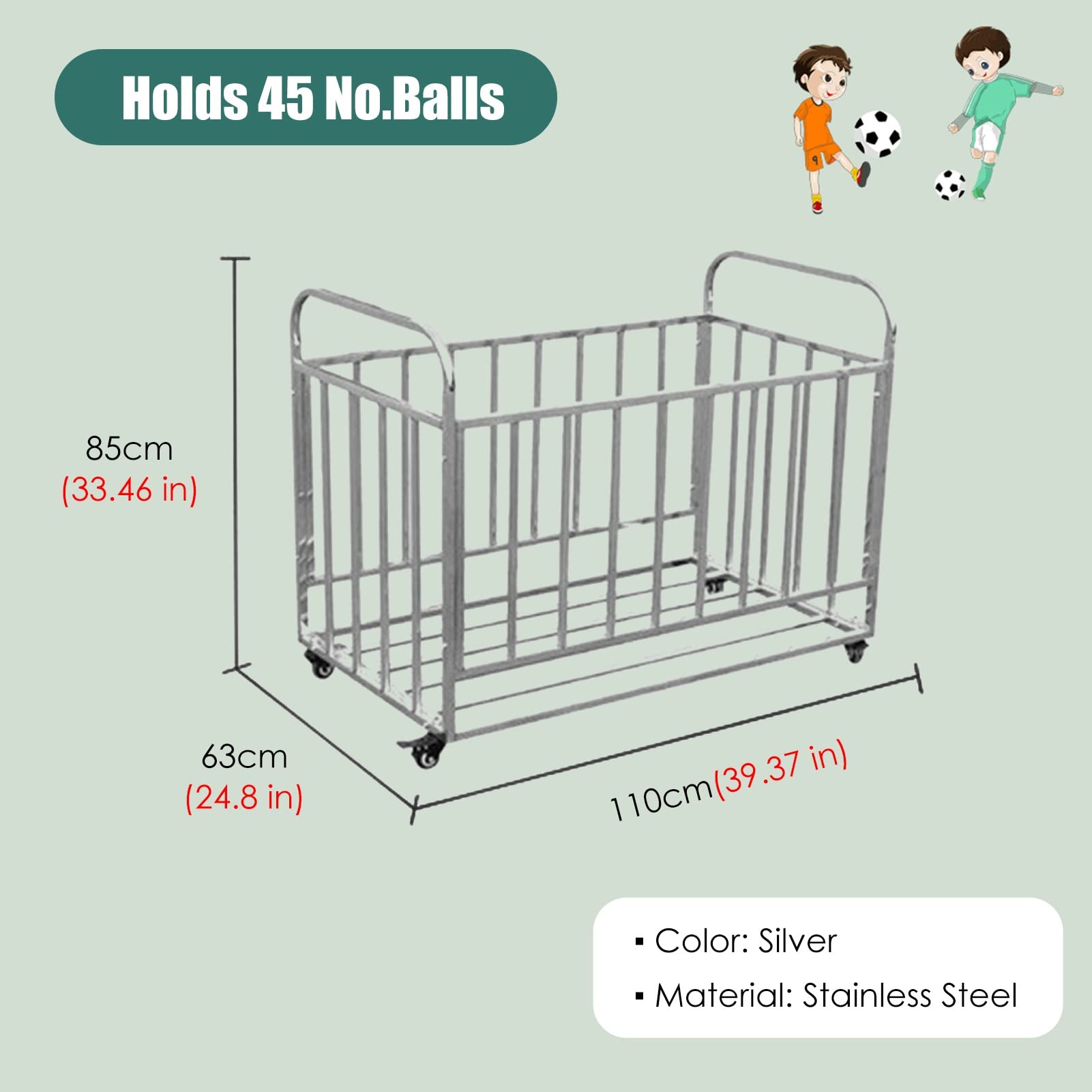 FAXIOAWA Basketbalkooi op wielen, Rolling Sports Ball Storage Cart, Heavy Duty RVS Gym Equipment Rack voor School Speeltuin Kleuterschool (Maat: 110x63x85cm)